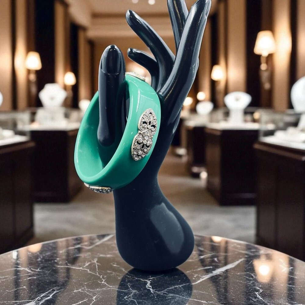 Premier Designs Green Statement Bangle Bracelet Gold Rhinestone Vintage Boho Y2K